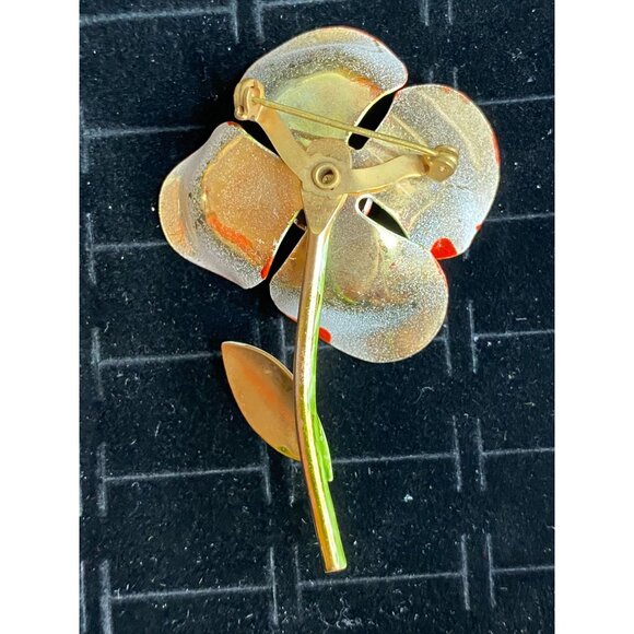 Retro Flower Brooch Orange & Green Enamel Metal Pin 2.75" - Picture 2 of 4